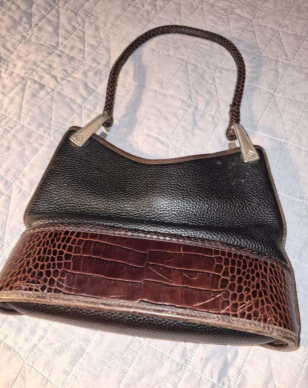 Brighton Gina Black Pebbled Leather Hobo Handbag Croc Trim Braided Handle